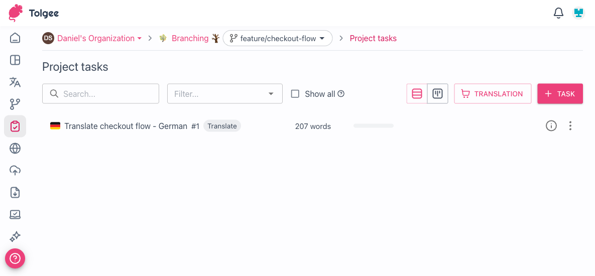 Project tasks page with branch selector showing the active branch